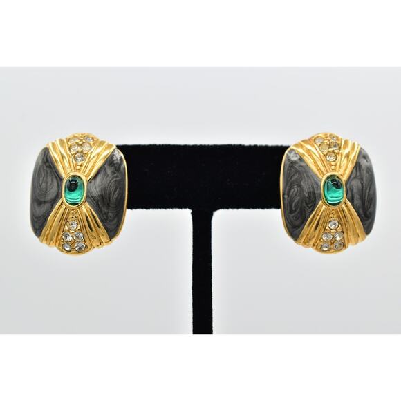 KJL Avon Cabochon Earrings Green Gray Enamel Gold Tone Stud Pierced Signed 9E - Picture 1 of 12